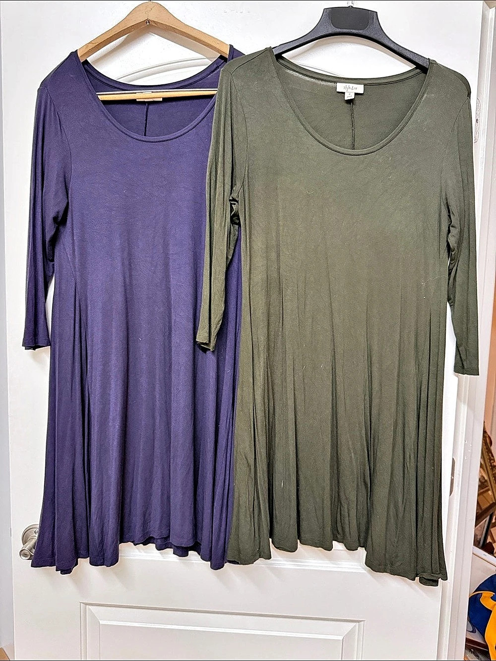 Two Style & Co Long Sleeve Scoop Neck Swing Dresses one Green & one Purple both